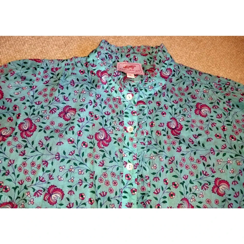 Womens Top-BANJANAN-blue/pink floral button-up ruffled Cottagecore Coastal-M - Picture 2 of 4